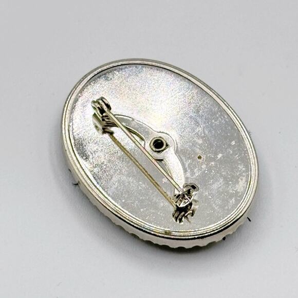 Vintage Black Purple Green Silver Floral Embroidered Needlepoint Oval Brooch - Picture 3 of 5